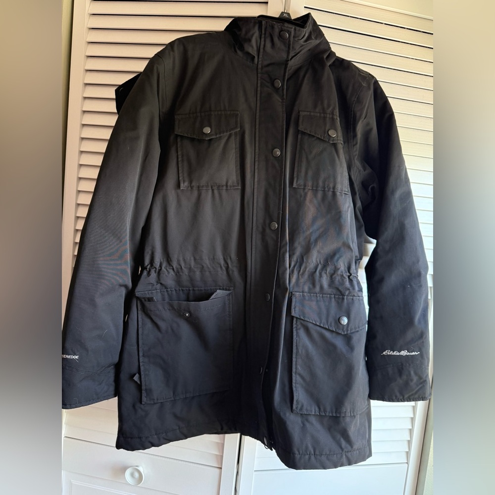 Eddie Bauer Black Military Field Jacket Water-Resistant Quilted Removal Hood
